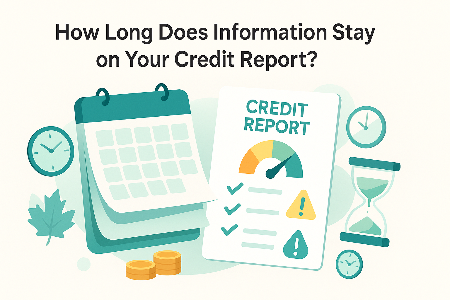Minimalistic illustration of a calendar and a credit report document with graphs and checkmarks, in teal and mint tones