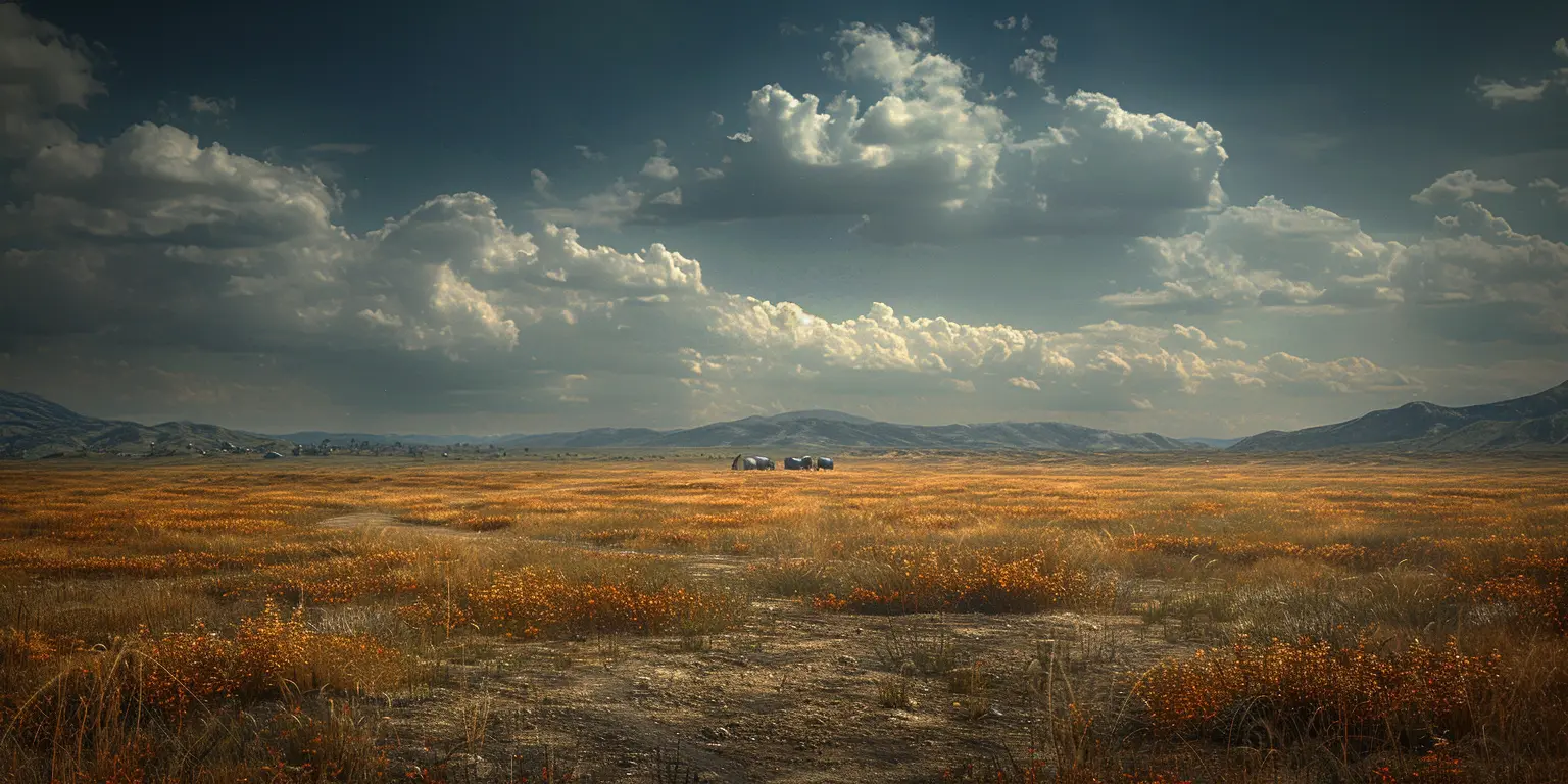 Golden prairie with Oregon Trail winding through. Covered wagons visible on horizon under vast blue sky.