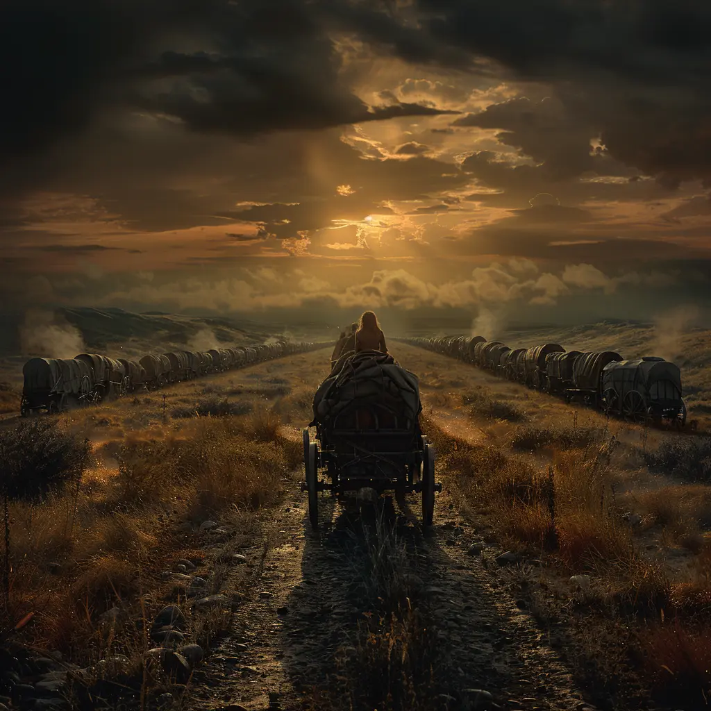 Bird's-eye view of covered wagons on prairie, young girl at front wagon scanning horizon in late afternoon light