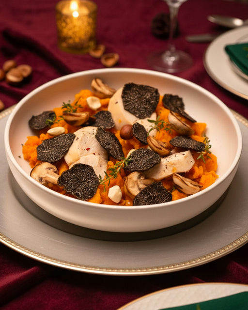 Volaille rôtie, purée de patate douce et truffe noire