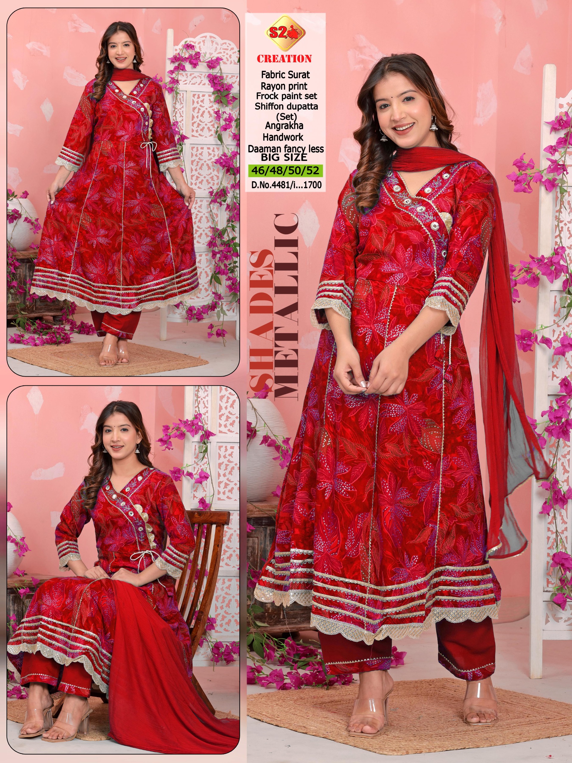 This is a beautifully crafted Anarkali frock set designed for elegance and comfort. It features a flowing Anarkali-style kurta with a flattering flare, detailed with handwork embellishments.The outfit is in a rich, royal red tone, symbolizing elegance and celebration. The red base is enhanced with floral printed patterns