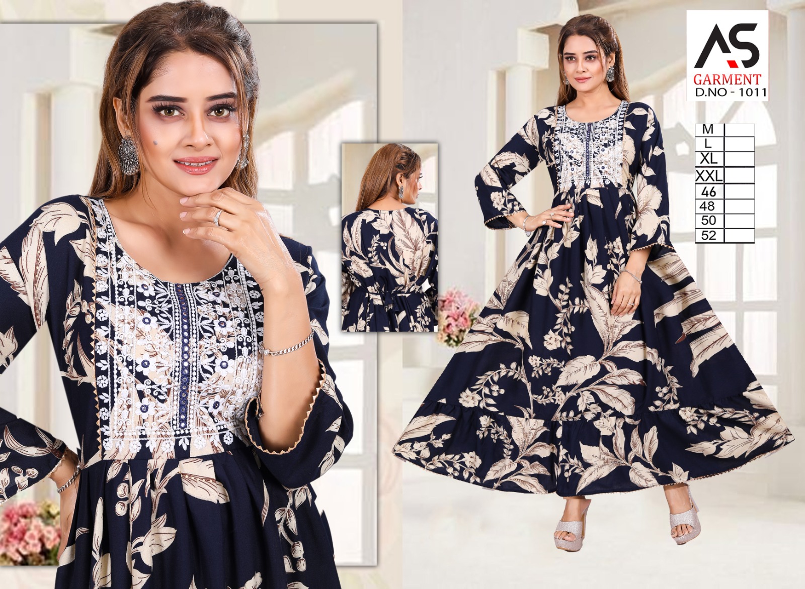  Elegant navy blue cotton kurtee with beige floral prints and a beautifully embroidered yoke. Soft, breathable fabric with a flowy silhouette—comfortable, stylish, and perfect for daily wear or casual occasions.