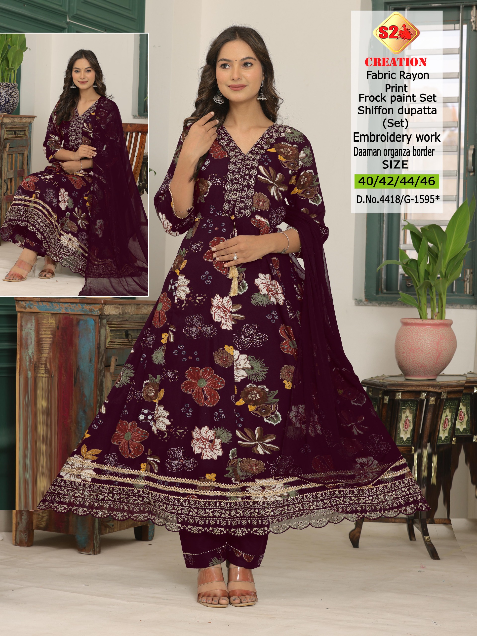 Rayon printed frock set with embroidery and chiffon dupatta. Elegant, comfortable, festive wear.Available in sizes 40 / 42 / 44 / 46 — perfect for celebrations and special occasions. 🌸