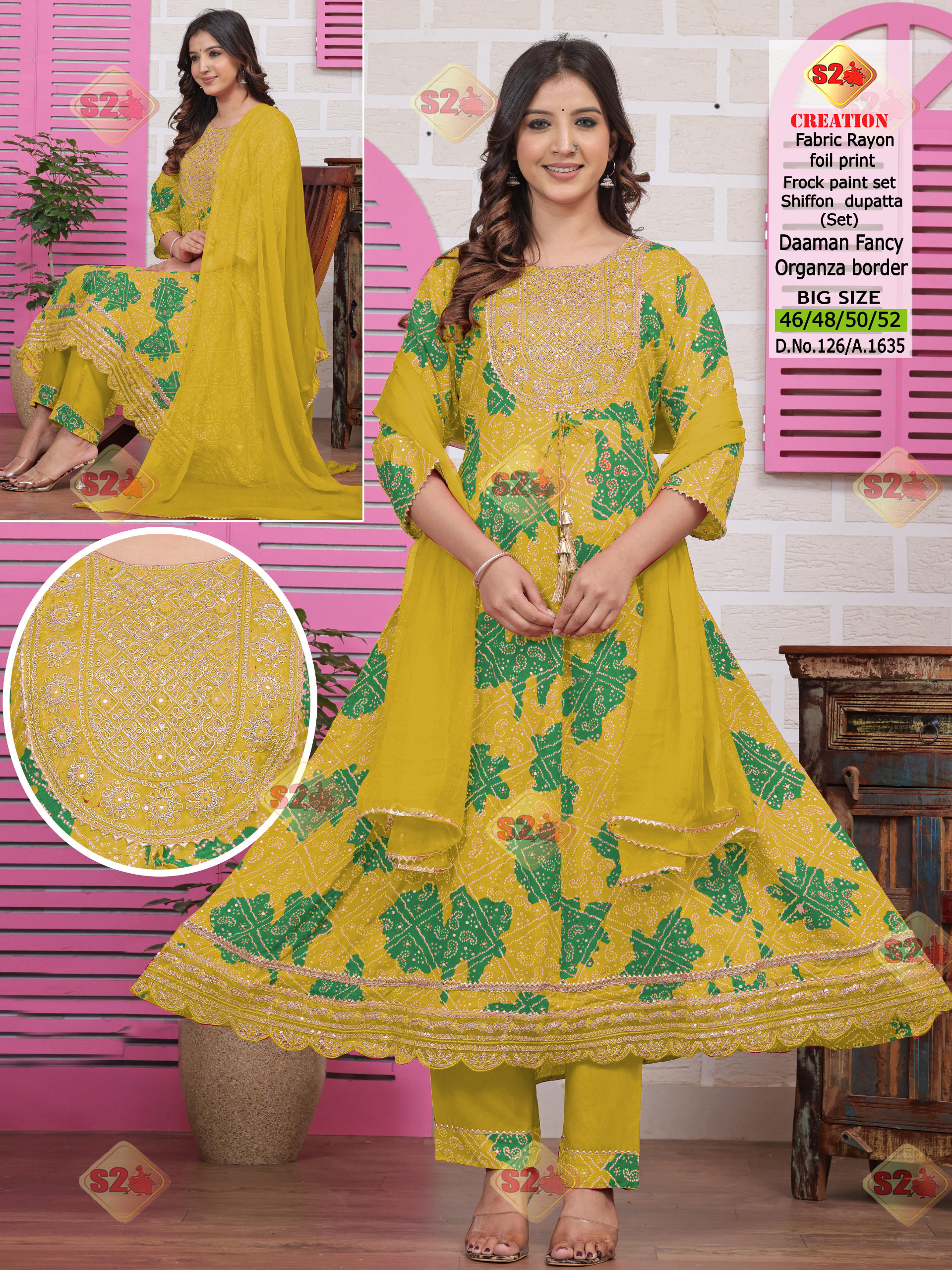  Graceful rayon frock-style suit set adorned with intricate foil print and elegant organza border detailing. Paired with matching pants and a soft chiffon dupatta, this outfit is perfect for festive occasions and special gatherings. Available in big sizes (46/48/50/52).
Color:
Splendid Mustard Yellow with rich Emerald Green prints and matching Mustard dupatta.