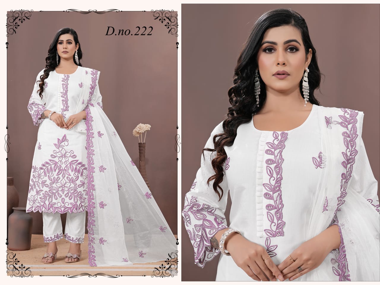 Rayon silk Elegant white ethnic suit featuring delicate lavender floral embroidery, paired with matching straight pants and a sheer embroidered dupatta for a graceful, refined look.