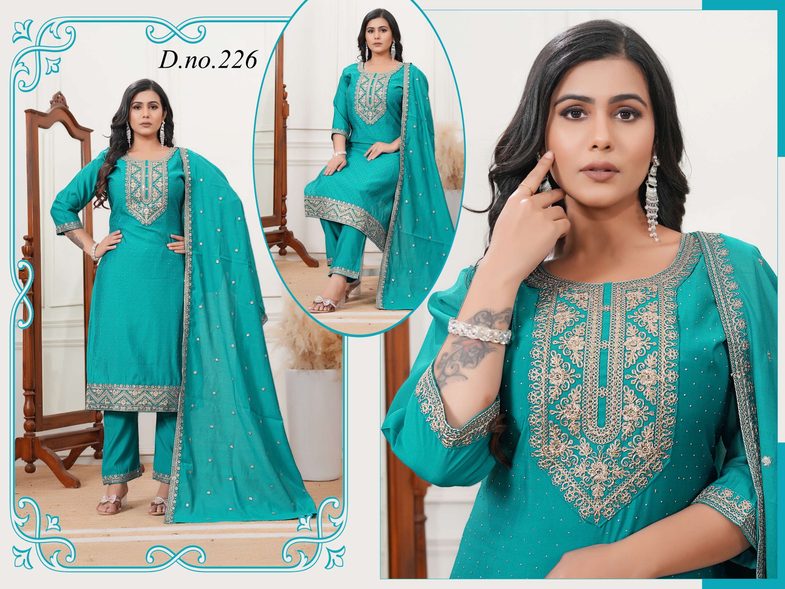 Silk complete Product Description (Short):
Elegant 3-piece embroidered salwar suit featuring a beautifully detailed kurti with intricate golden embroidery, matching straight pants, and a soft, flowing dupatta. Perfect for festive occasions, prayers, and special gatherings.
Color:
✨ Teal Green / Peacock Green