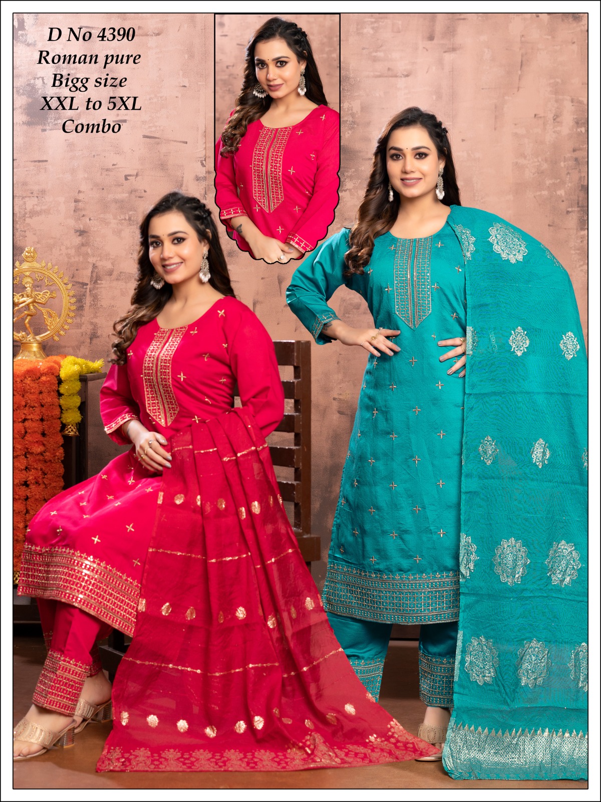 Elegant Roman Pure Salwar Suit Combo
Available in Rich Red and Teal Green, featuring delicate golden embroidery.
Big size range XXL to 5XL, perfect for festive and all occasions 