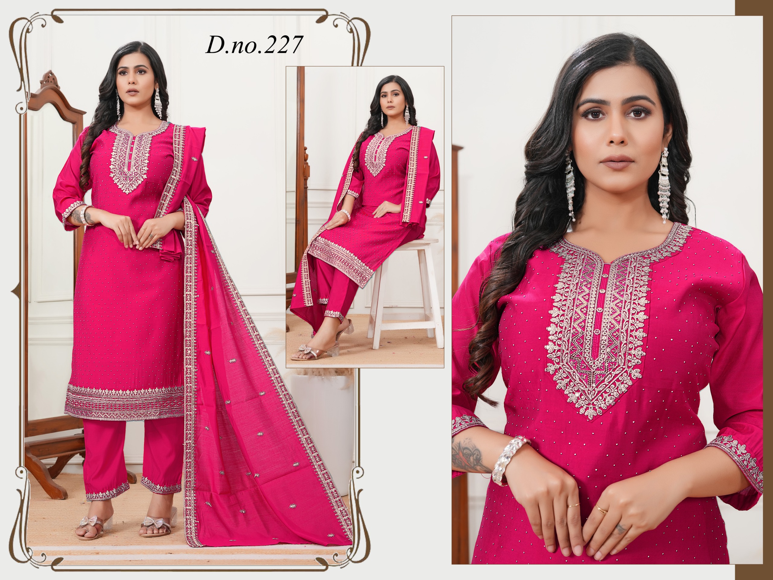 Deep fuchsia pink ensemble, one of the most in-demand colors this season. The rich, vibrant shade radiates elegance and confidence, perfectly complemented by intricate silver embroidery and delicate embellishments.
Stylish, graceful, and effortlessly fashionable — this trending color is a customer favorite for festive wear and special occasions. A must-have piece that blends tradition with modern charm. 💕