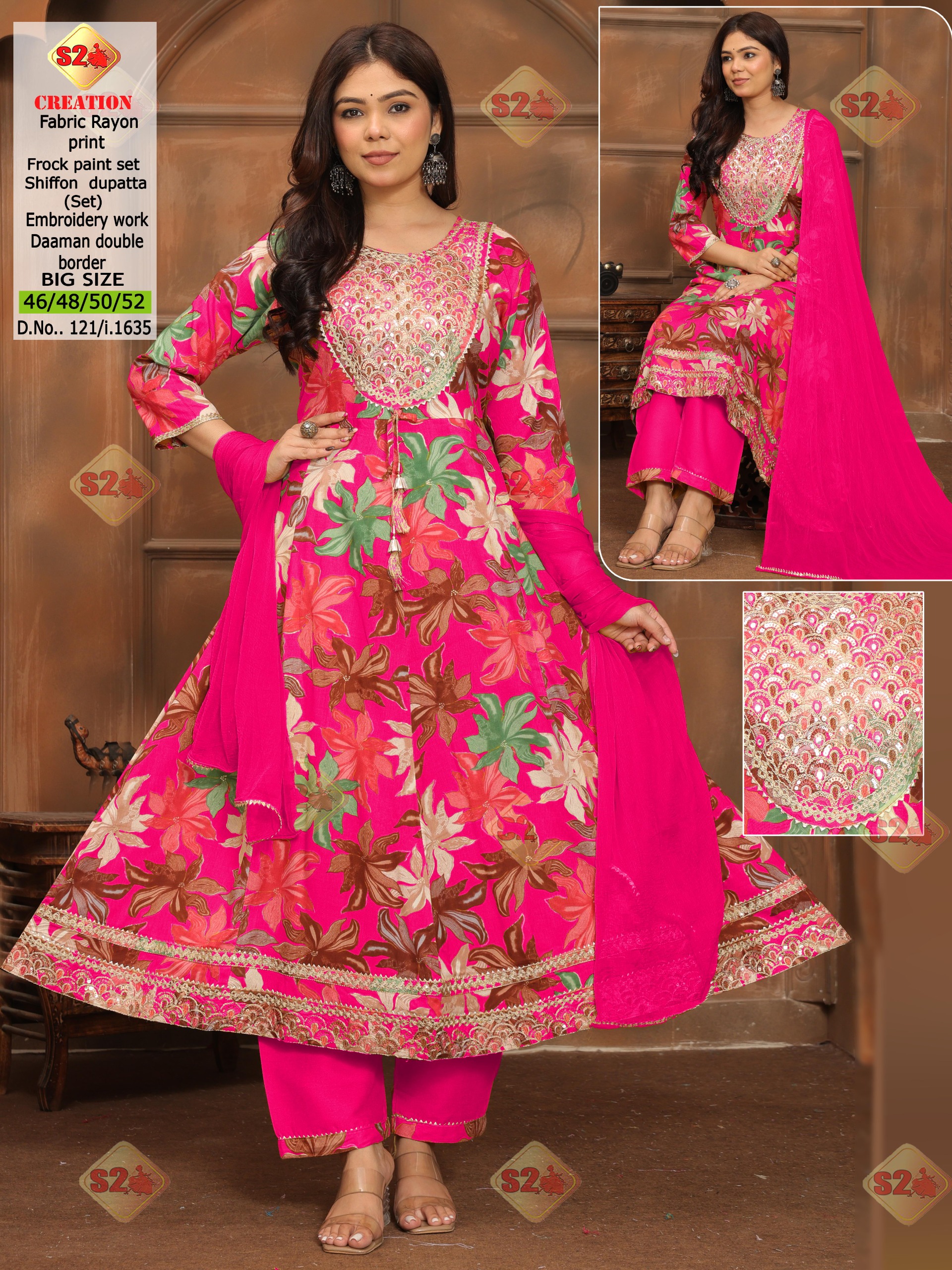  Product Description:
Elegant and fashionable rayon printed frock pant set, currently in HIGH DEMAND Designed with a soft chiffon dupatta, heavy embroidery work on the neckline, and a stylish double border daaman for a rich festive look Perfect for parties, celebrations, and special occasions.
Color:
Vibrant Rani Pink base with multicolor floral print (green, brown, peach tones) paired with matching pink pants and dupatta. 💗🌸
