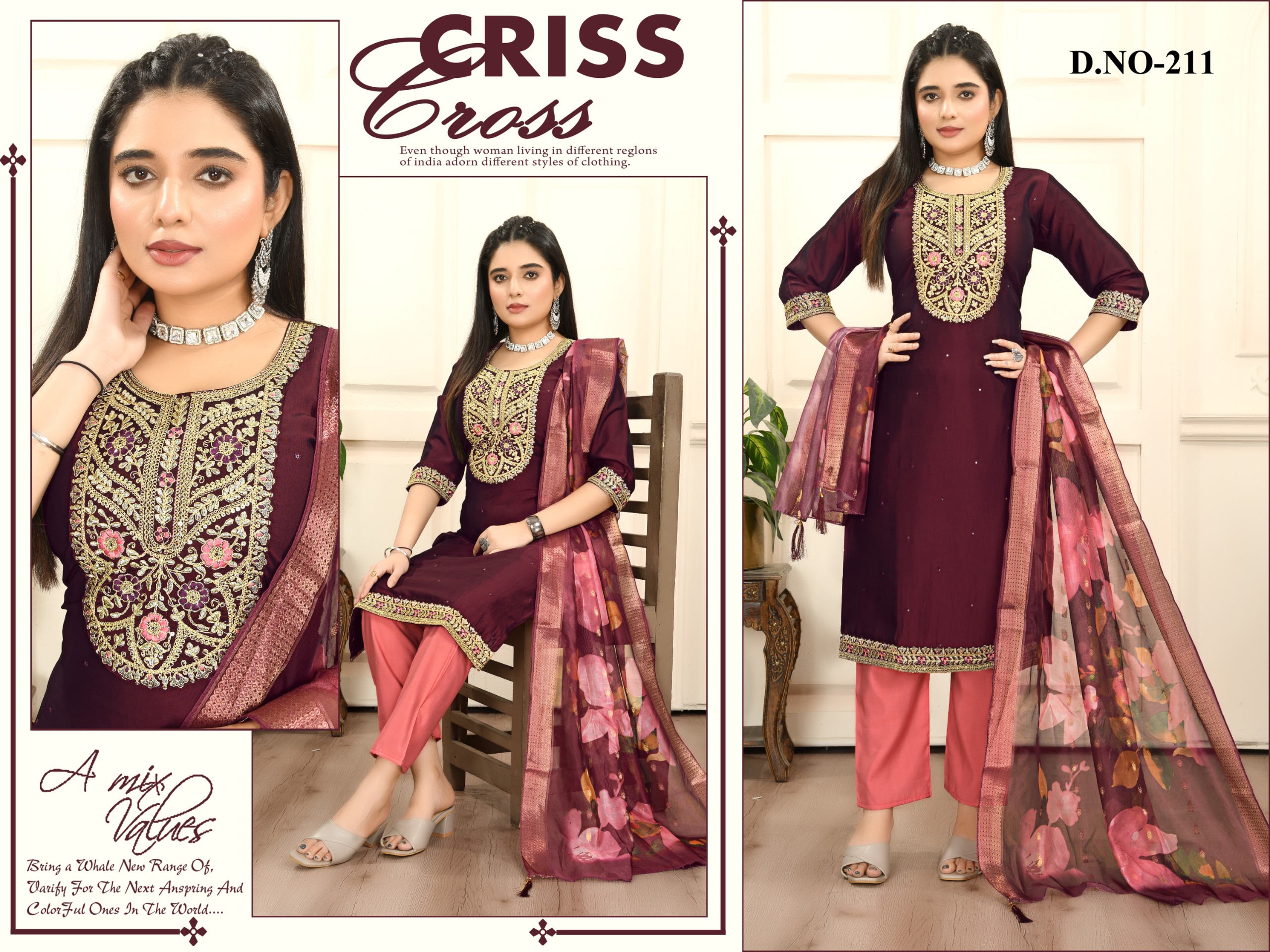  Elegant embroidered women’s kurta set with a straight-cut kurta, matching pants, and a printed dupatta—perfect for festive and semi-formal wear.
Color:
Deep wine/maroon kurta with peach pants and a wine–peach floral dupatta.