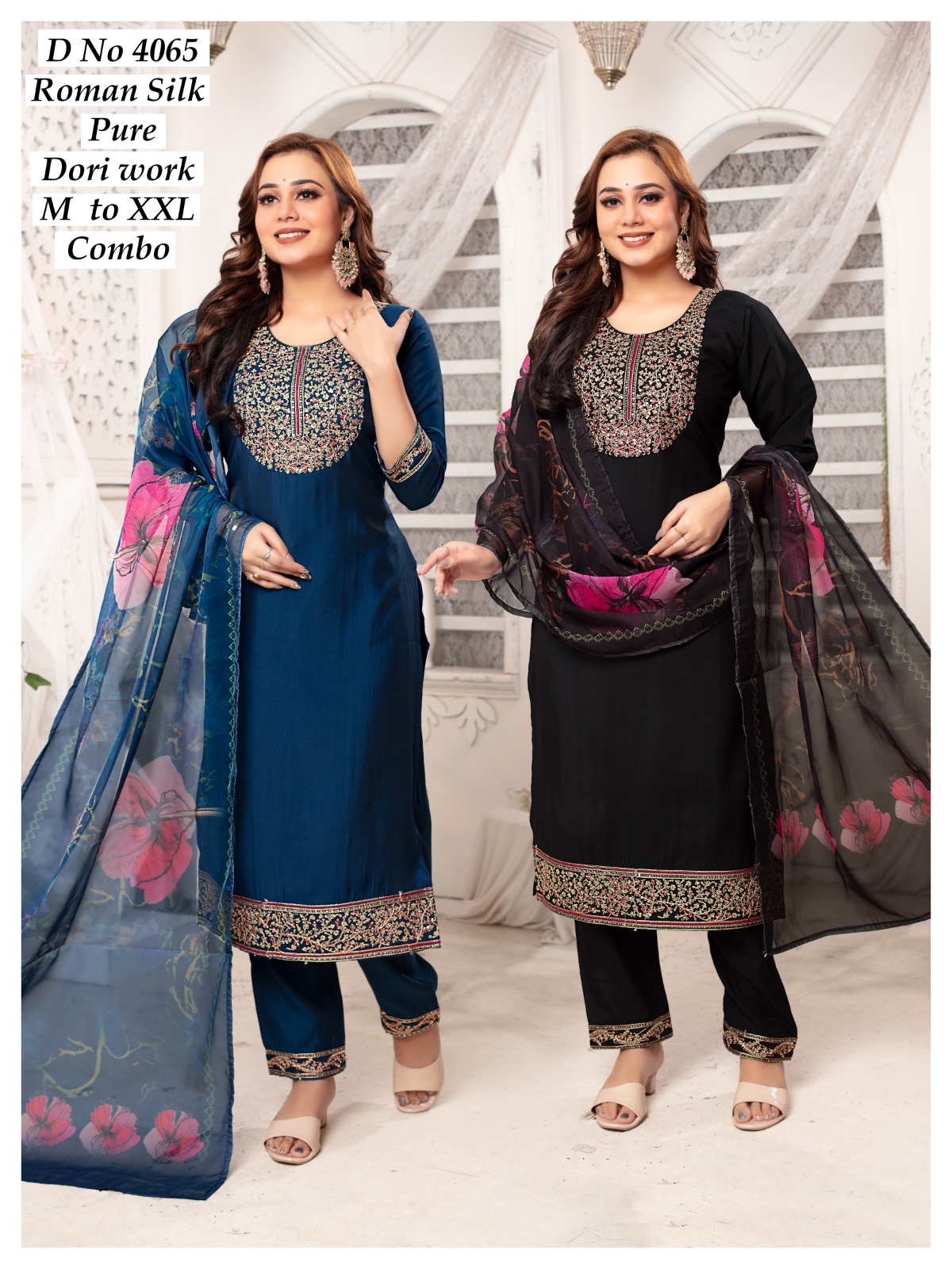 Roman Silk Dori Work Suit (D No. 4065)
Elegant Roman silk kurta set with intricate pure dori embroidery on the yoke and hem, paired with matching pants and a floral printed dupatta. Comfortable and stylish, available in sizes M to XXL—perfect for festive and special occasions.