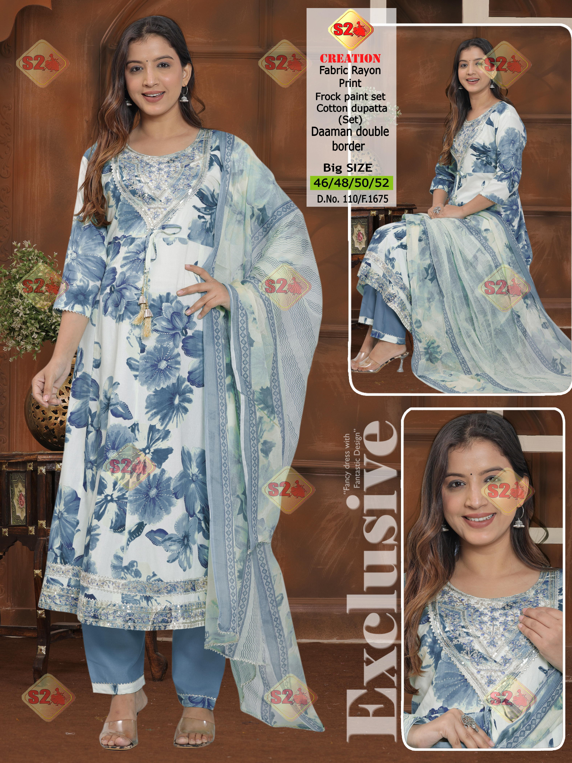  silk Elegant floral printed rayon cotton  frock pant set in soothing blue and white tones, featuring a beautifully embellished neckline, comfortable straight pants, and a soft cotton dupatta with double border. Perfect for festive wear, casual gatherings, and everyday elegance.