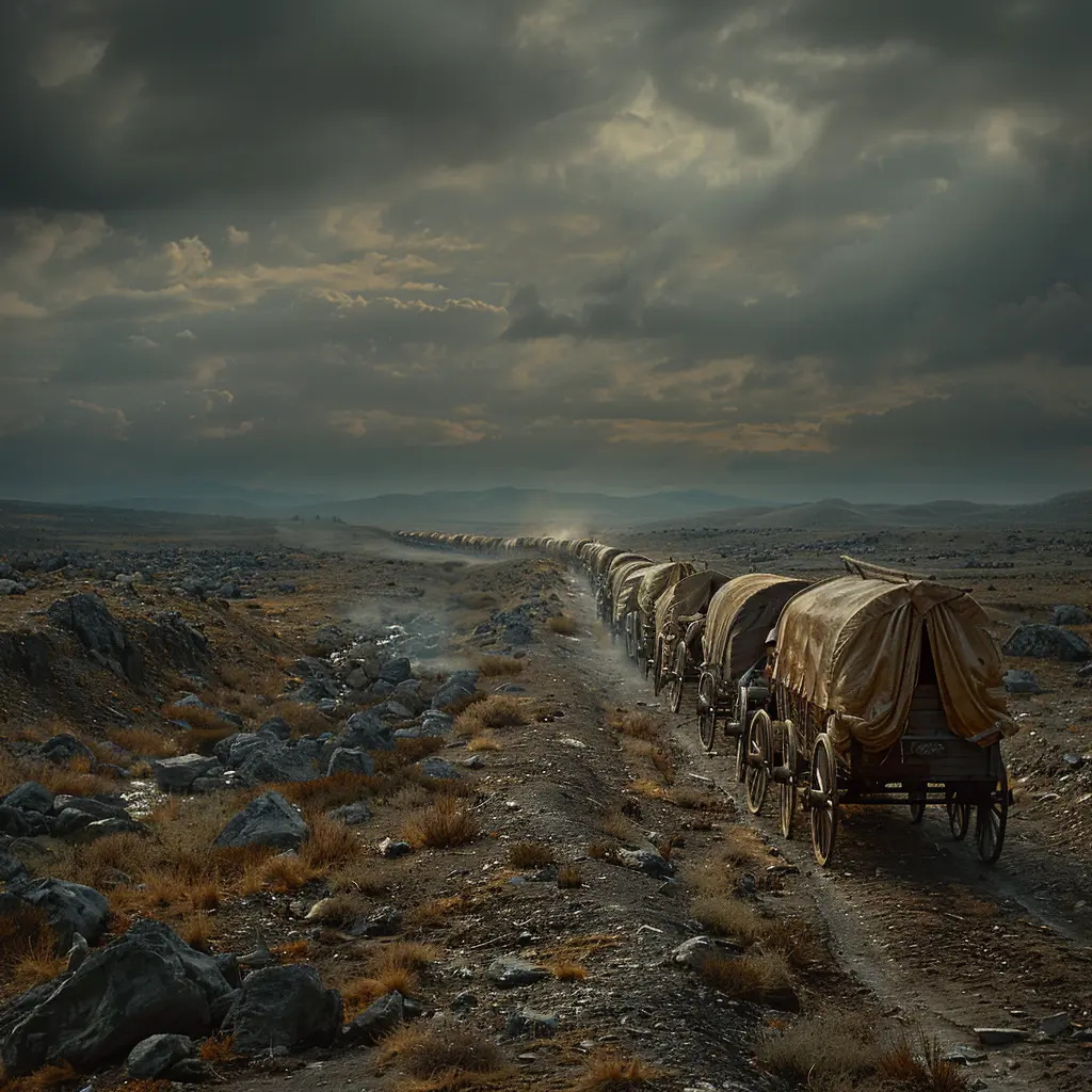 Aerial view of a wagon train crossing a vast prairie, with one lagging wagon suggesting hardship and loss.