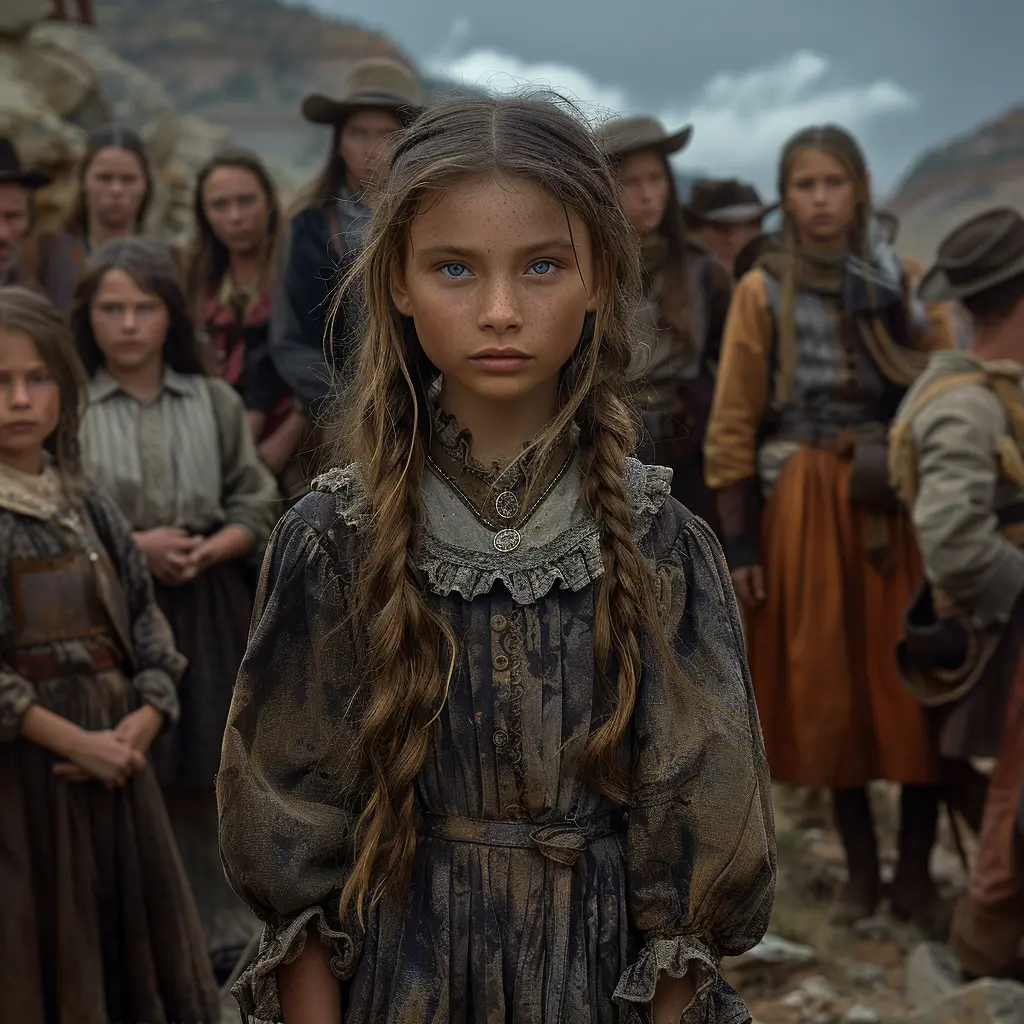 Aerial view of wagon train on vast prairie. Close-up on one wagon with young girl peeking out, looking determined.