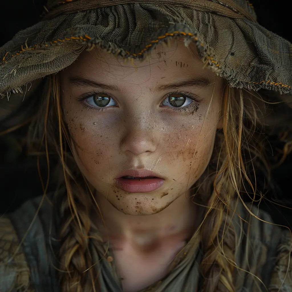 Young girl with determined expression, dirty face, and worn bonnet gazes at horizon, embodying hope on Oregon Trail