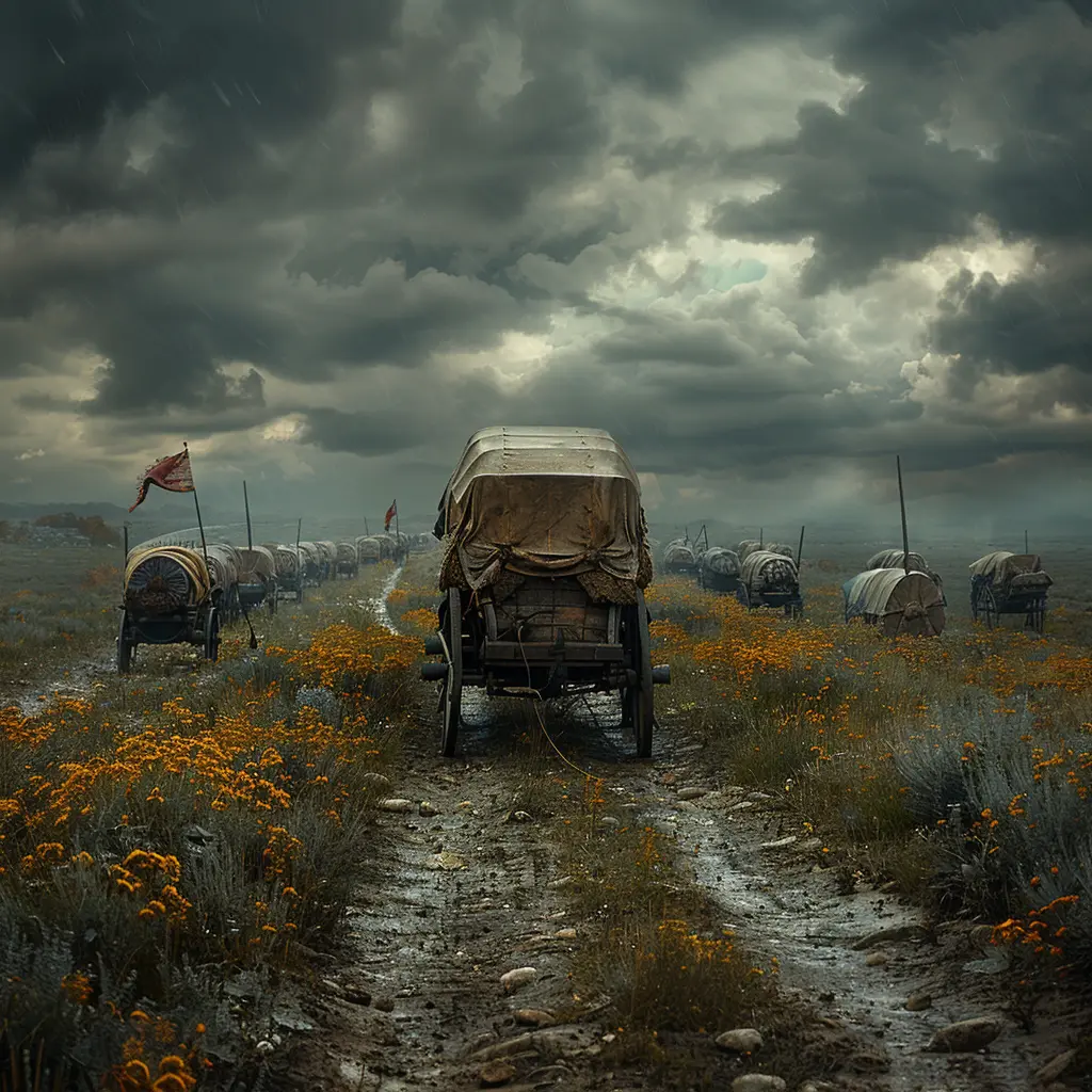 Aerial view of wagon train on vast prairie. Close-up on one wagon with young girl peeking out, looking determined.