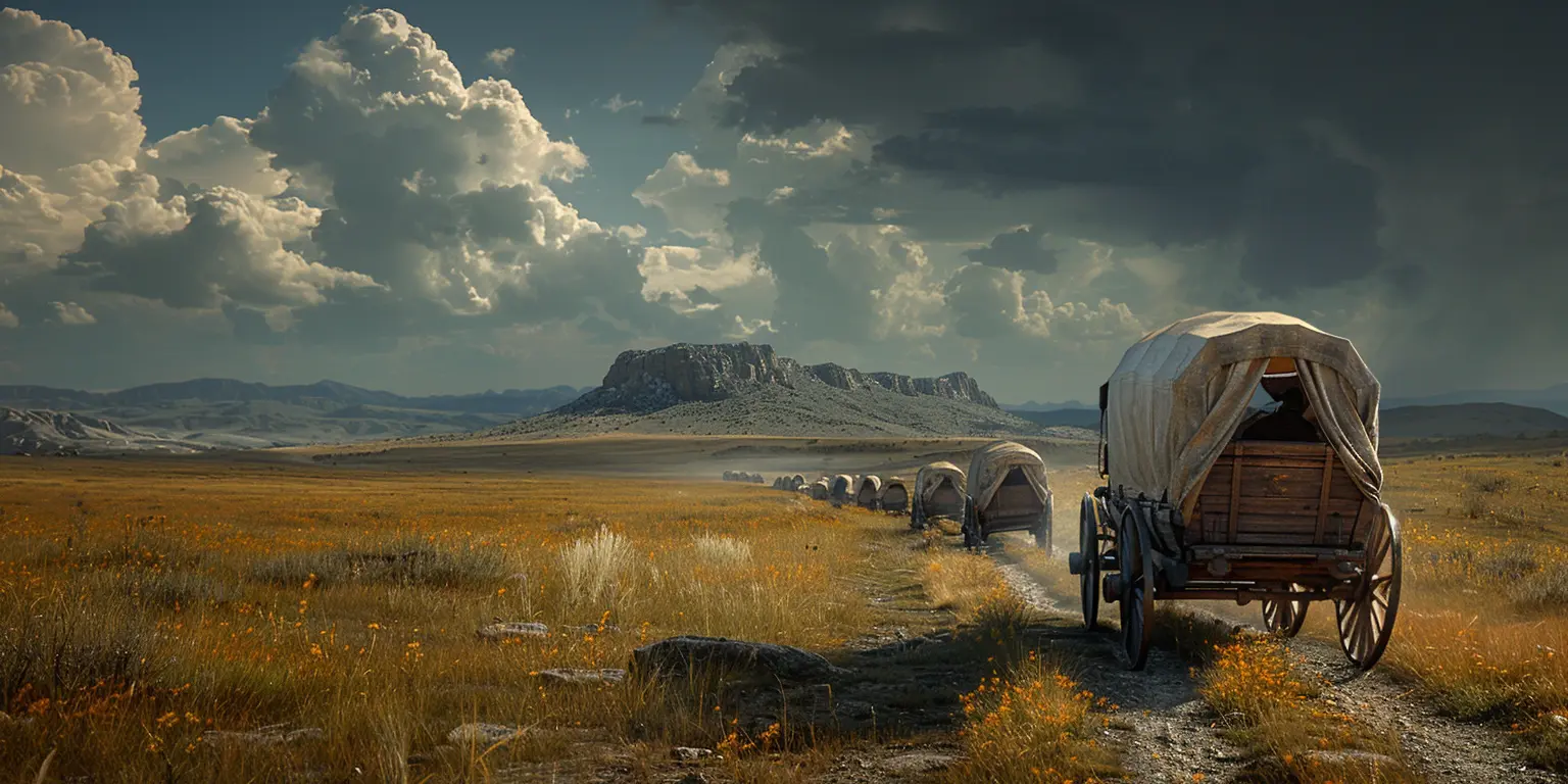 Covered wagons on Oregon Trail crossing prairie, distant rocky hill at sunset