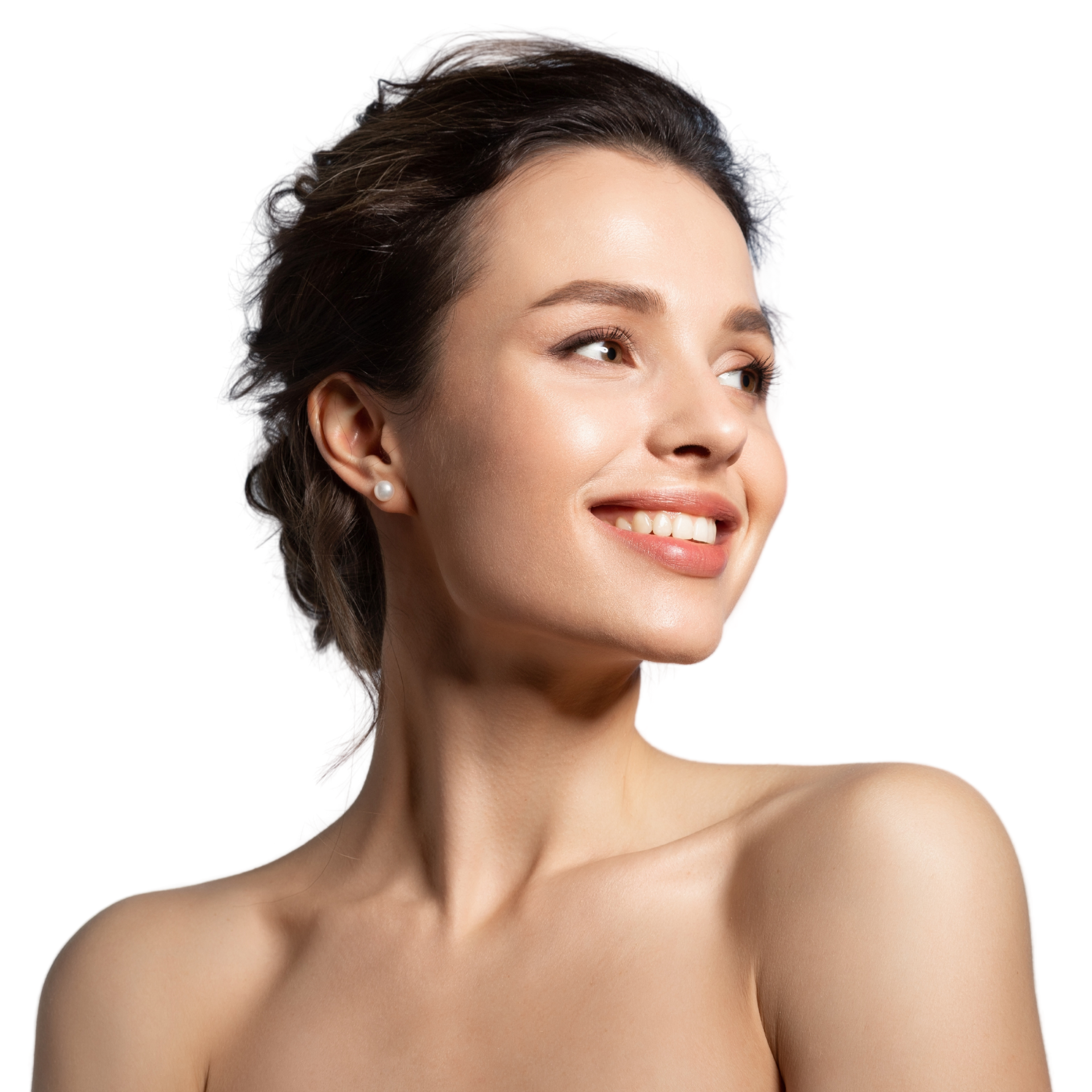 A woman with long hair is smiling with her hands on her face.