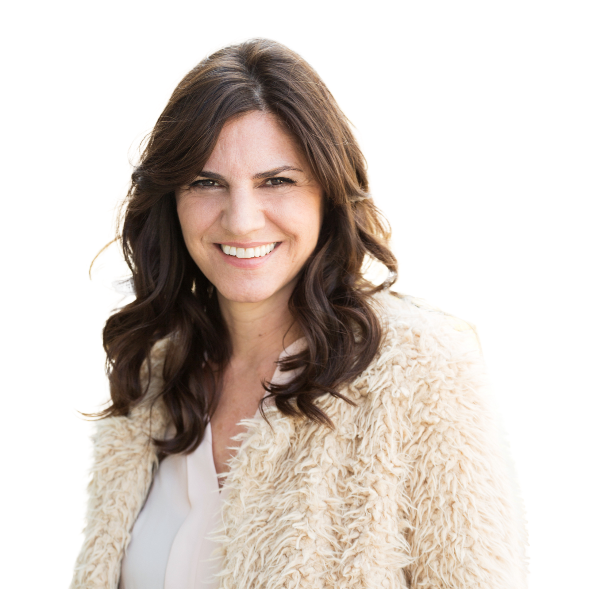 A woman with long hair is smiling with her hands on her face.