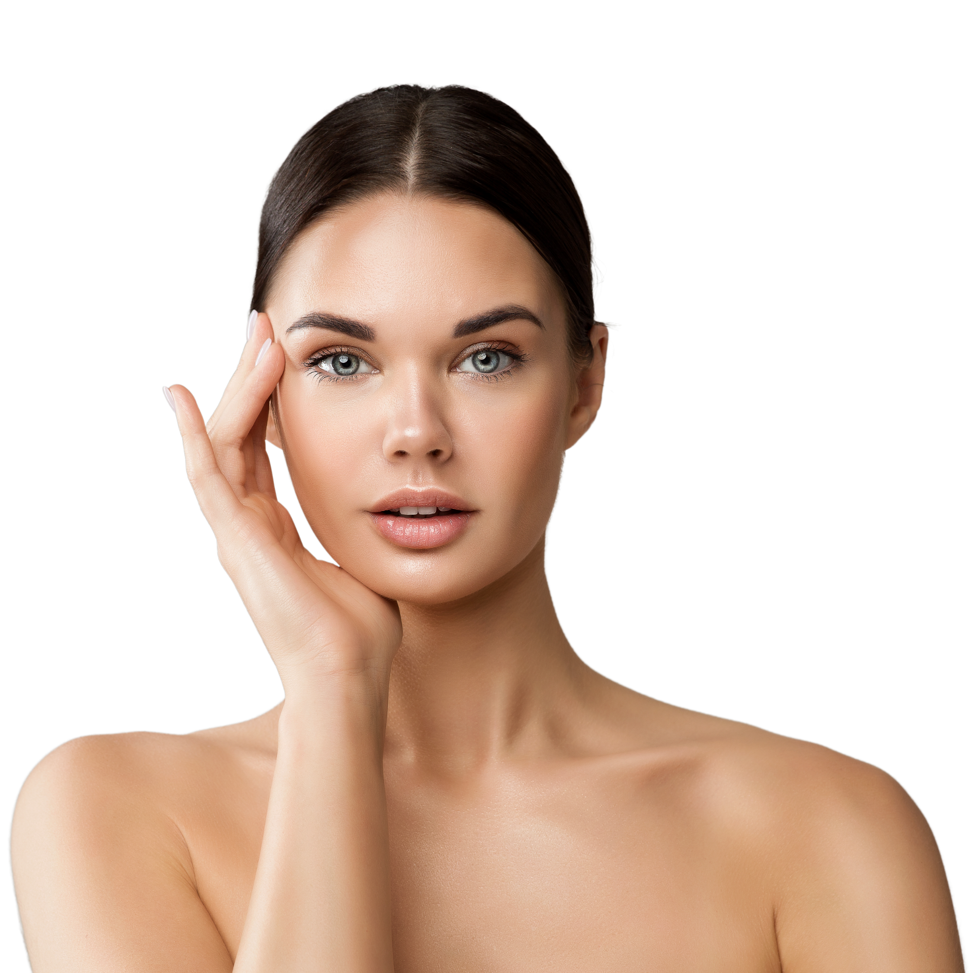 A woman with long hair is smiling with her hands on her face.