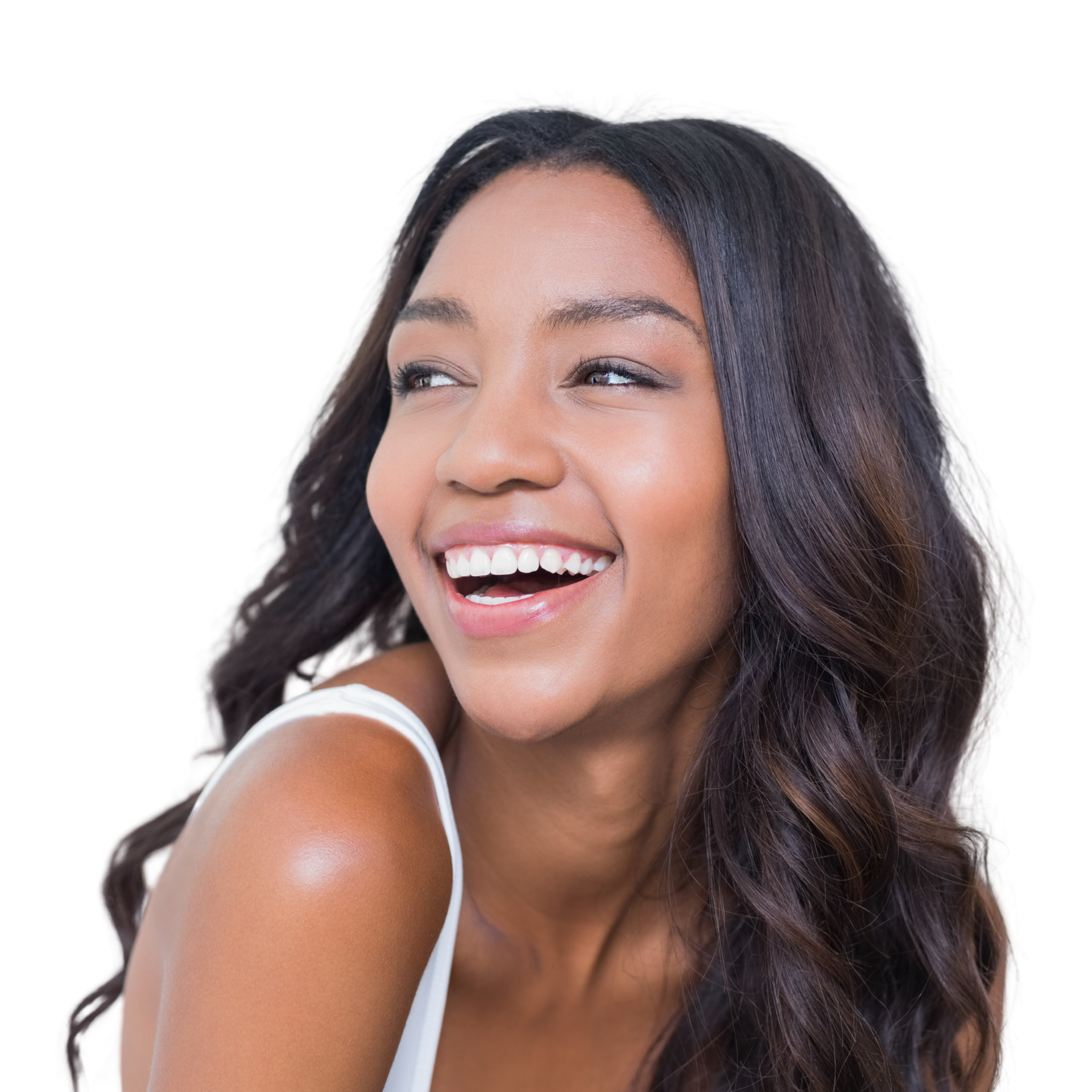 A woman with long hair is smiling with her hands on her face.
