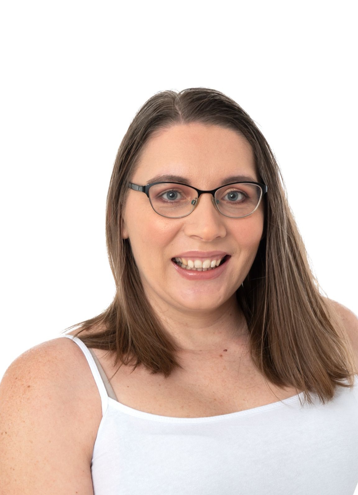 a lady called kay barton who is wearing glasses sat down with a white vest top.