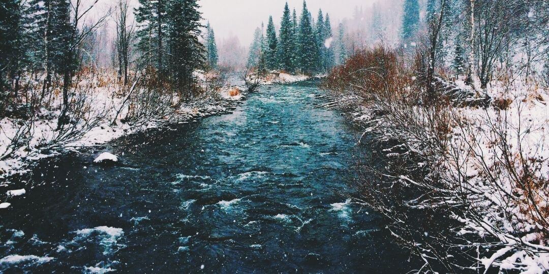 river flowing through a snow covered forest