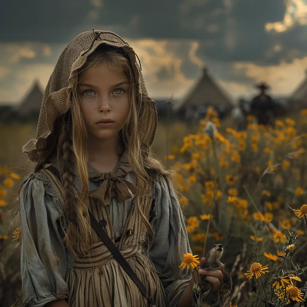 Girl peeks from wagon at vast frontier, wagon train crosses dusty plains, symbolizing journey west