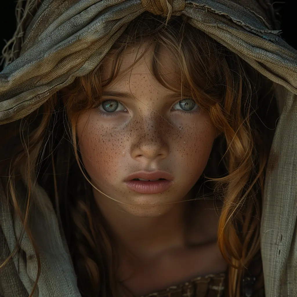 Young girl with wary expression peeks from wagon cover on Oregon Trail, sunset glow on her face