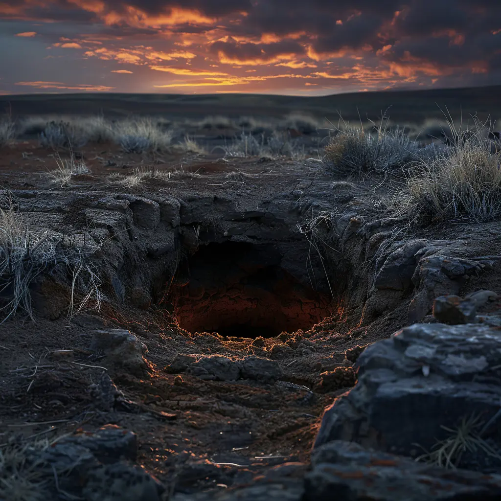 Weathered prairie dog hole among grass, surrounded by excavated earth with paw prints, glowing in sunset light