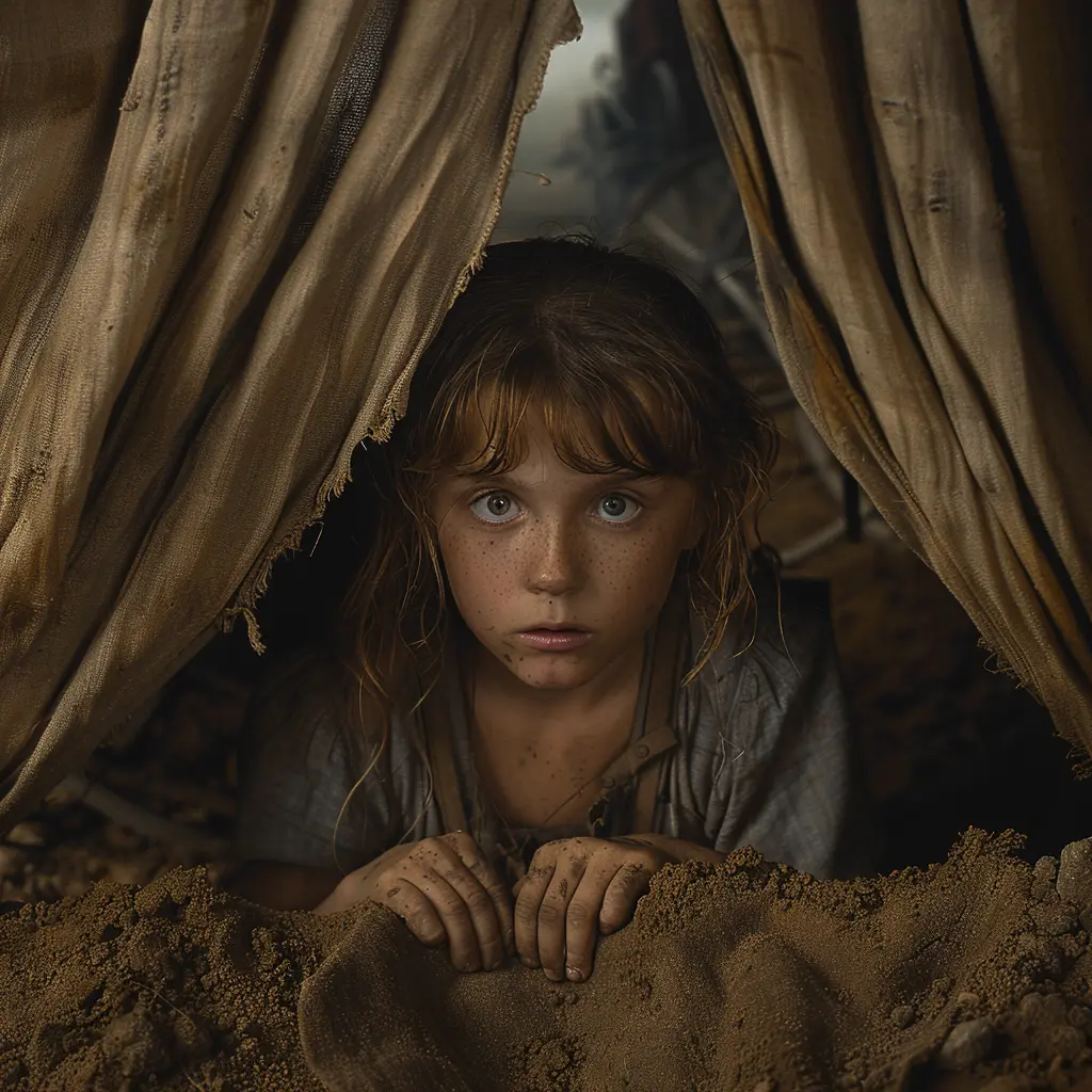 Girl peeks from wagon at vast frontier, wagon train crosses dusty plains, symbolizing journey west