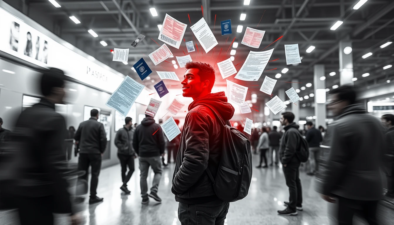 Traveler at AI identity verification kiosk in busy airport, surrounded by floating documents and data