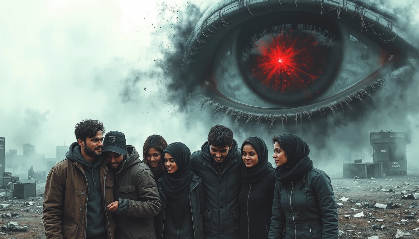 Civilians huddling on battlefield beneath giant AI surveillance eye