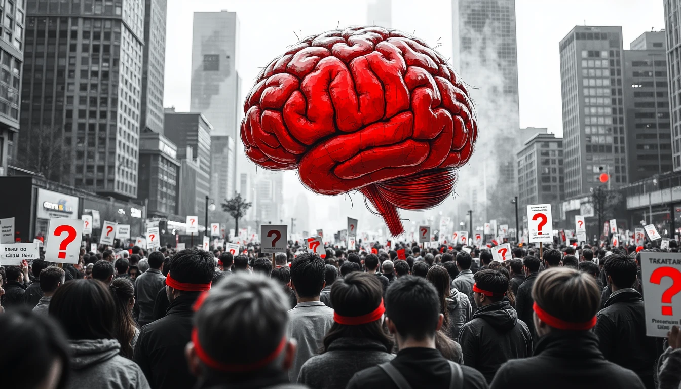Protesters demand AI warfare transparency, giant red AI brain looms over crowd with blindfolded demonstrators