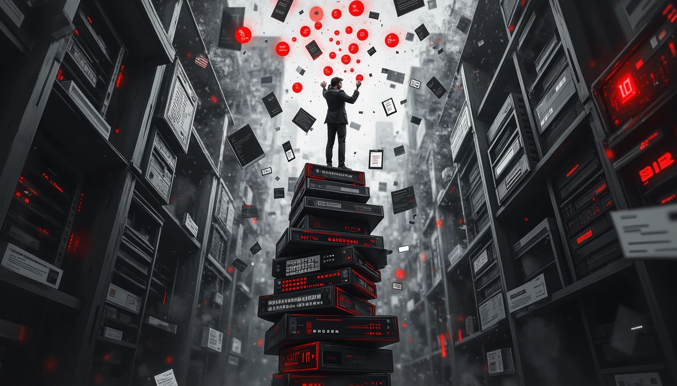 Businessman juggling glowing orbs atop swaying server stack, representing AI implementation challenges