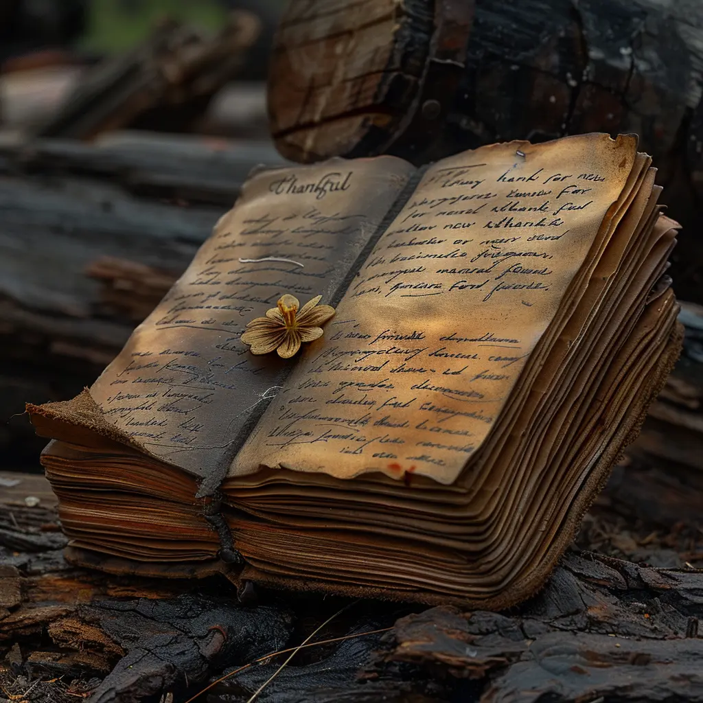 Old journal on log, open to page with child's Oregon Trail gratitudes. Pressed prairie flower between pages.