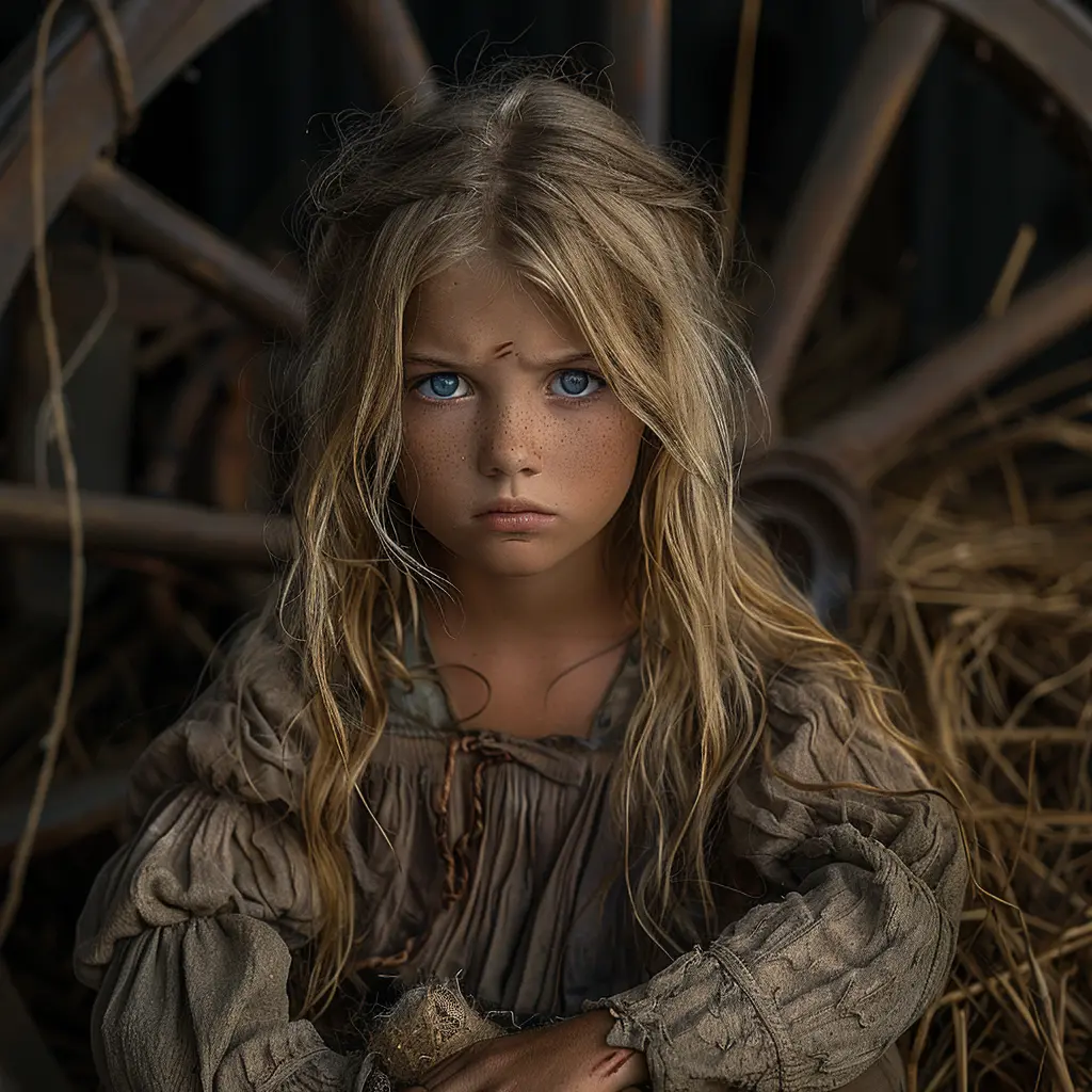 Sad young pioneer girl with blonde hair and rag doll, sitting alone on wagon wheel at sunset on prairie