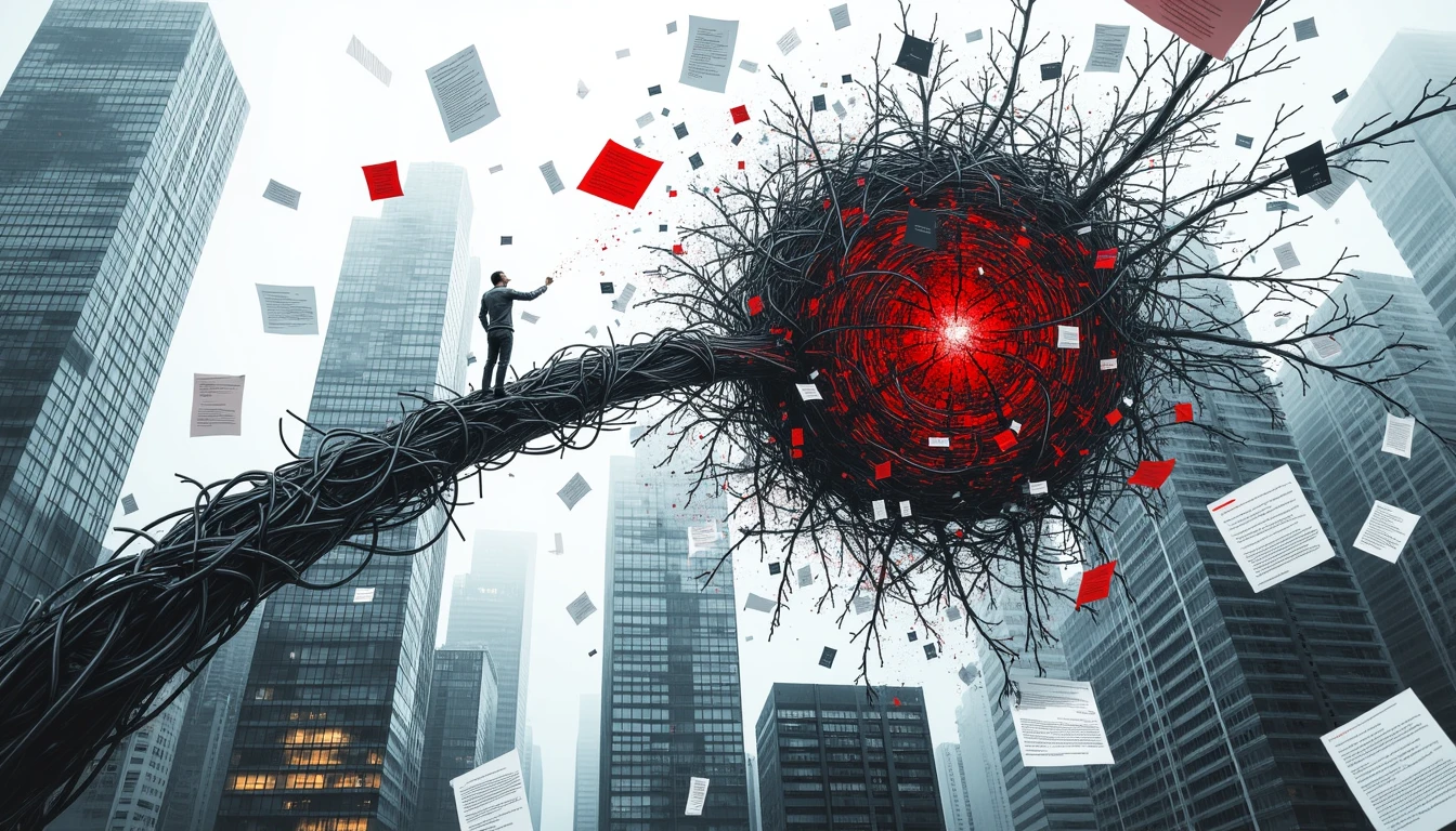 Tangled communication wire with communicator navigating complex messaging landscape