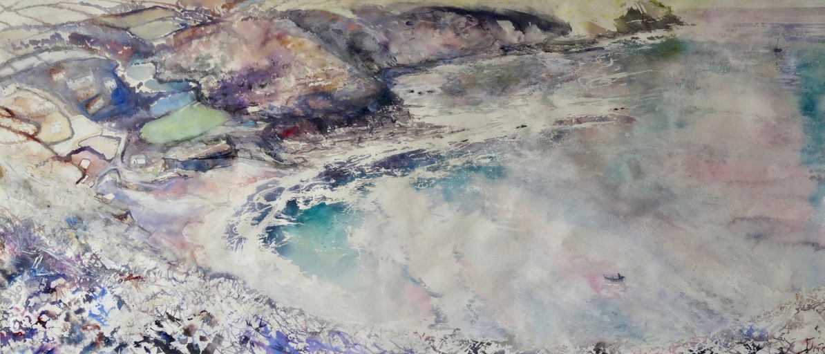 Fisherman at sea, sailing boats and bay, Crackington Harbour.