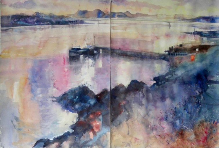 Evening Sun on the Jetty and boats, Kyle of Lochalsh, Scotland.