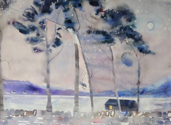 Little hut at the loch in moonlight, Isle of Skye