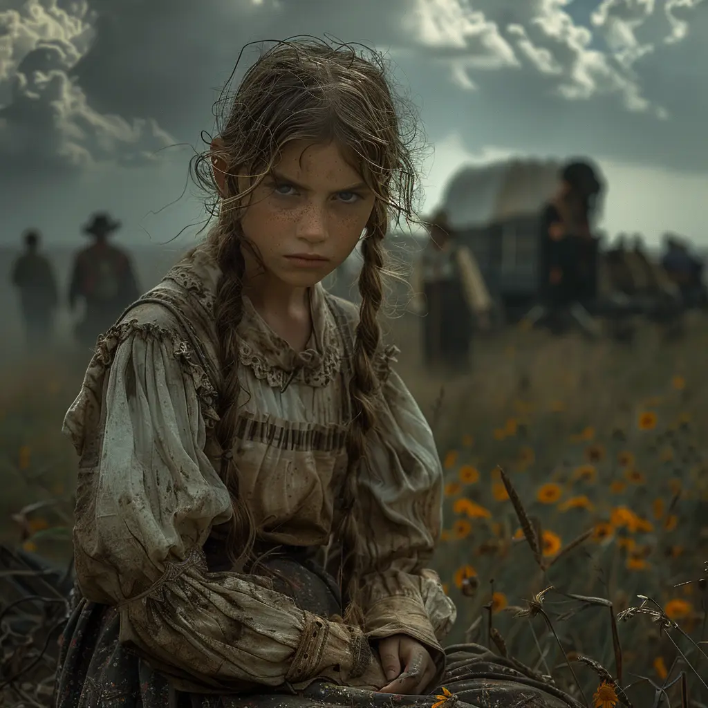 Panoramic prairie with distant wagon train. Close-up: bored 12-year-old girl on wagon, worn dress, unkempt hair.