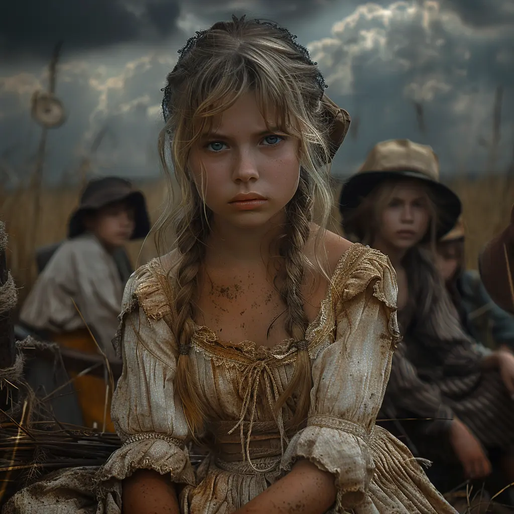 Panoramic prairie with distant wagon train. Close-up: bored 12-year-old girl on wagon, worn dress, unkempt hair.