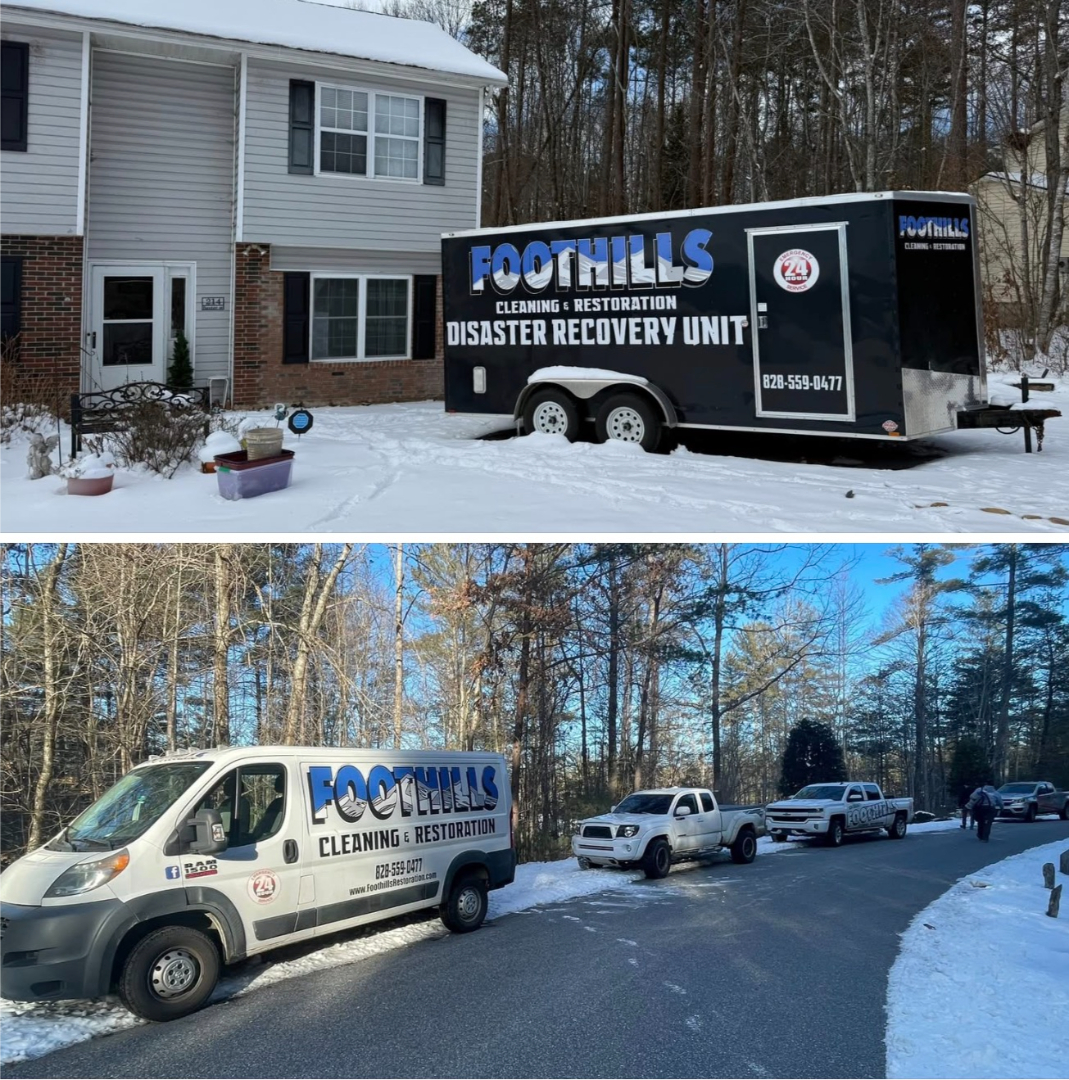 Foothills Construction and Restoration Services disaster recovery trailer parked at a residential property in Spruce Pine, NC during winter conditions. Call (828) 489-3966.