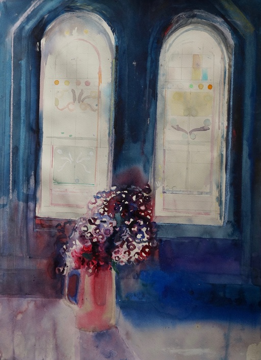 Sweet Williams with two stained glass windows.