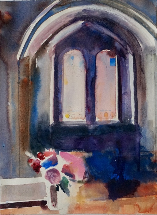 Vase of flowers in church window.
