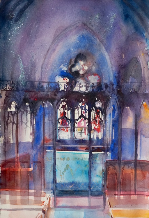 Window behind a wooden rood screen, church, Cornwall. 