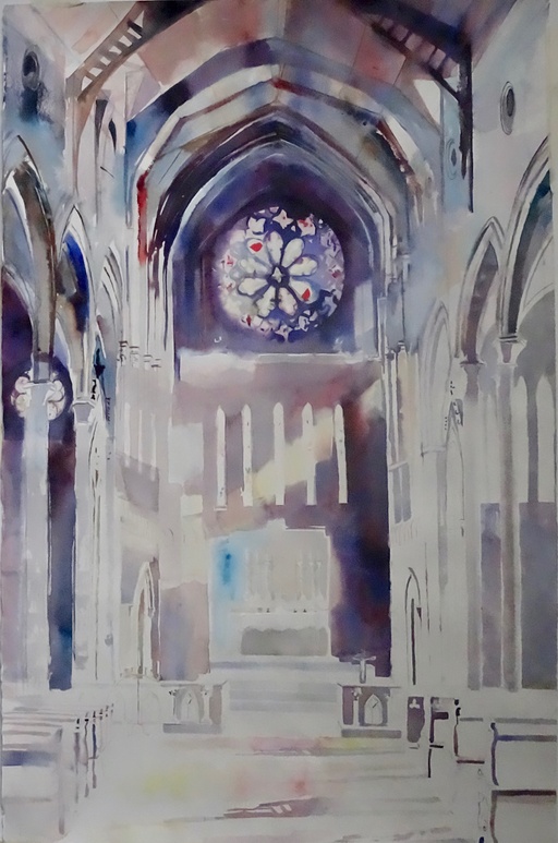 Shaft of sunlight and round stained glass, church, Peckham.