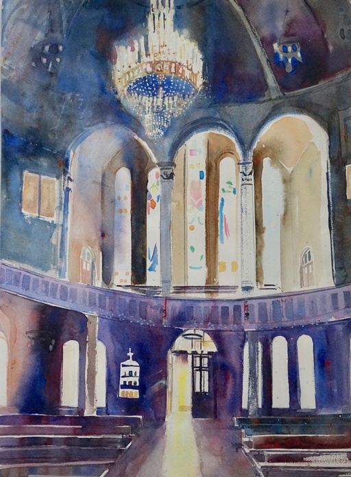 Sunlight bursting through the door, church interior, London. 