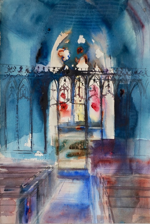 Stained glass window behind rood screen, 16th century church, Cornwall